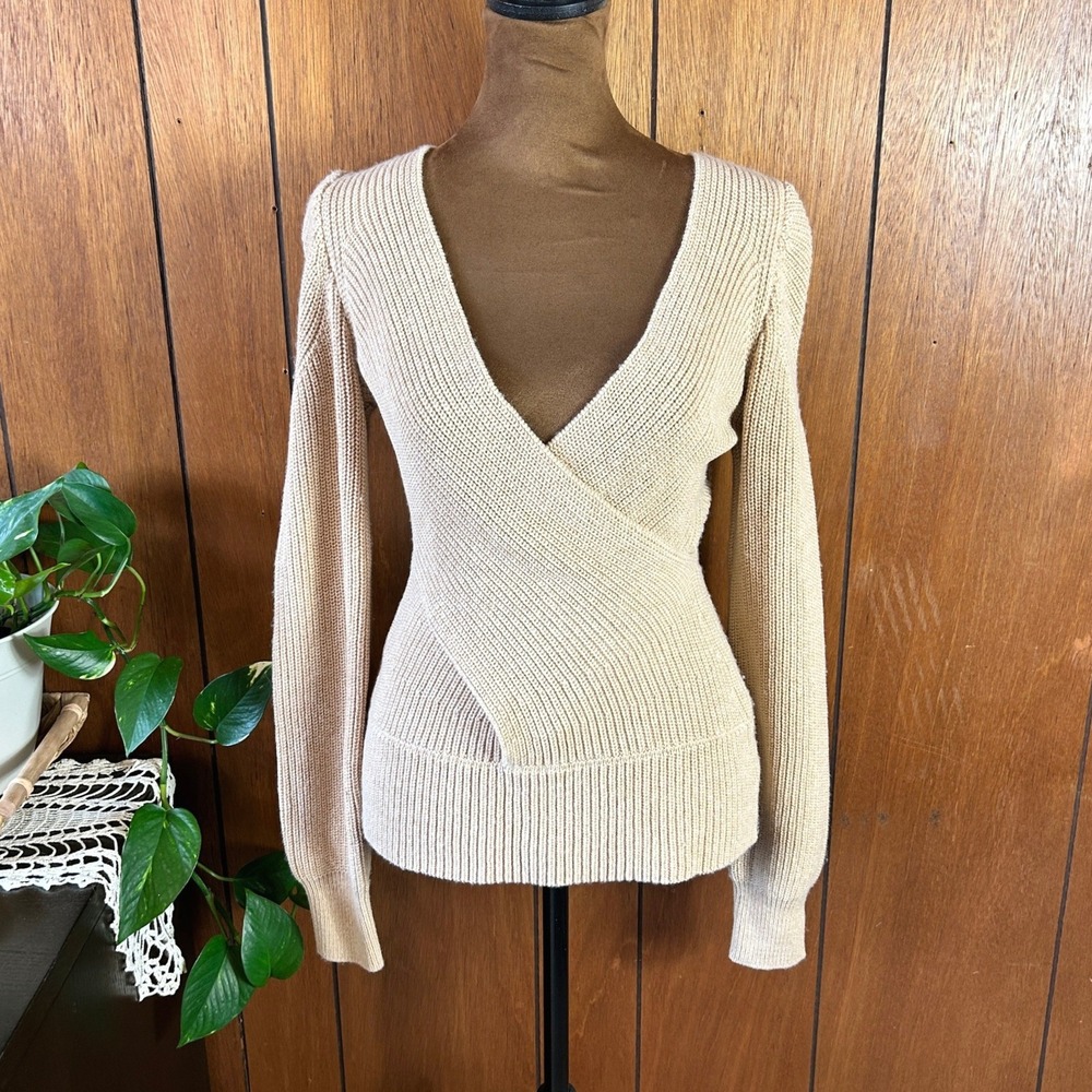 TOME Collective Beige Wool Cotton Wrap‎ Front V-Neck Ribbed Sweater Small